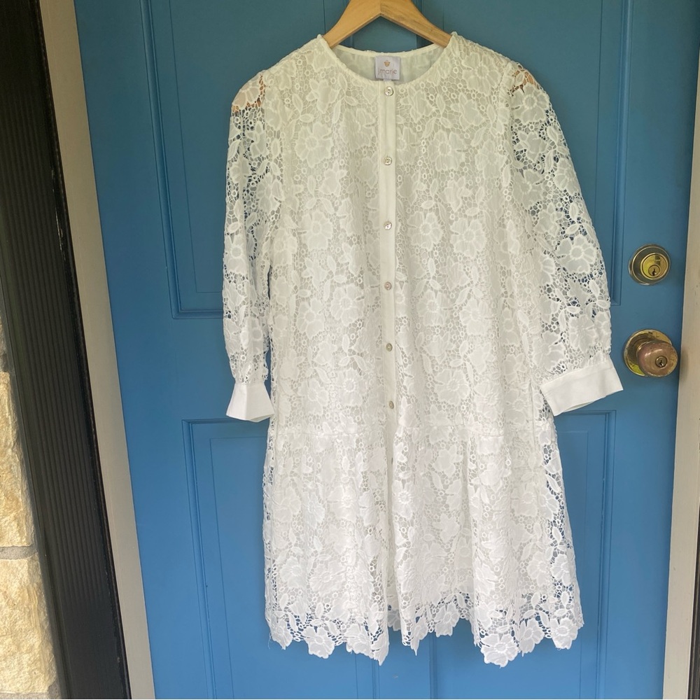 New J. Marie 3/4 sleeve lace lined perforated white dress pockets M